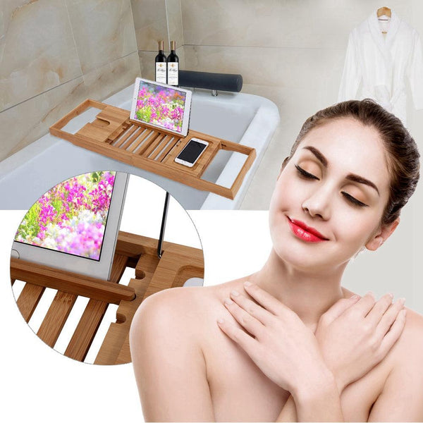 Extendable Bamboo Bathtub Rack Shelf Bathroom Shower Tub Caddy Book Reading Tray Stand New - Exclusive Gadget